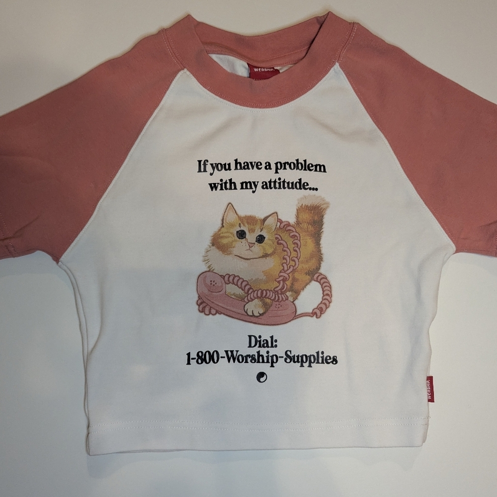 Dolls Kill Pink and White Cat Attitude Crop Top
